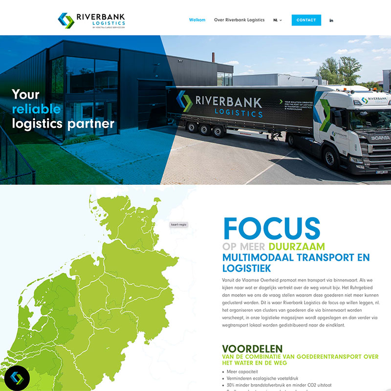Naming, branding, webdesign, copywriting en fotografie Riverbank Logistics Antwerpen