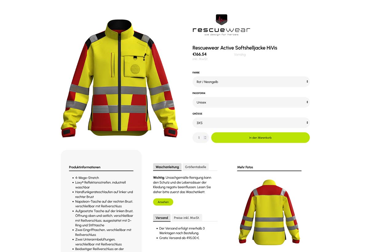 design en onwikkeling van webshop voor rescuewear Duitsland